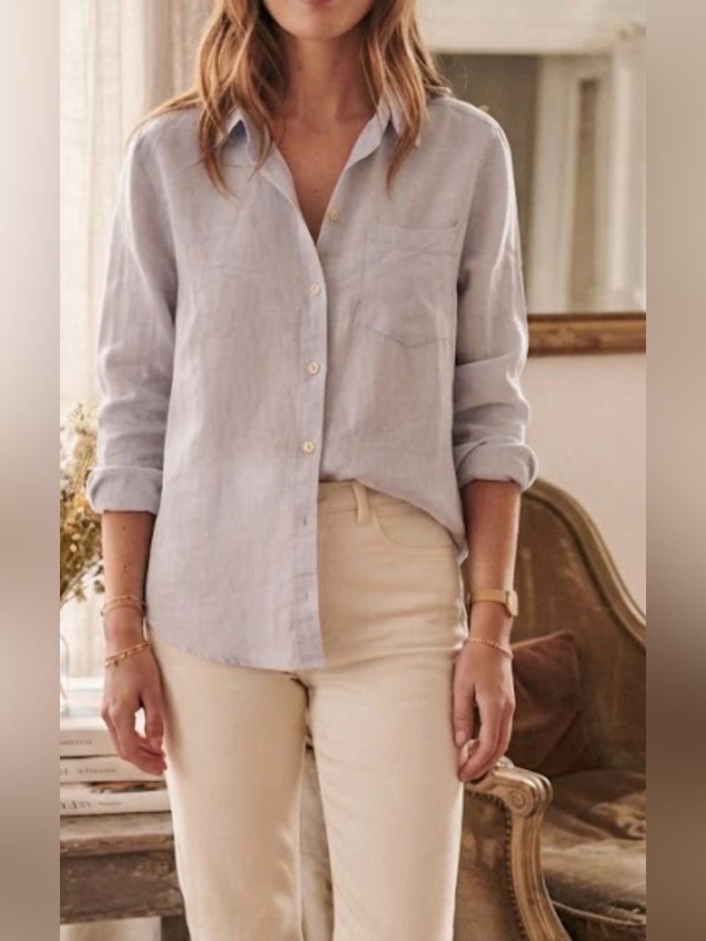 Lola River Light Blue Button-Down Linen Shirt - size M.